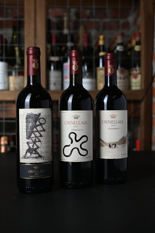 VERTICALE ORNELLAIA ''IL CARISMA''-2015 ''L'ESSENZA''-2014  ''L'ELEGANZA''-2018 ETICHETTE D'AUTORE